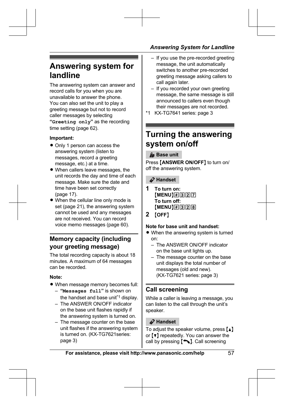 Answering system for landline, Turning the answering system on/off, Call screening | Panasonic KXTG7623 User Manual | Page 57 / 100