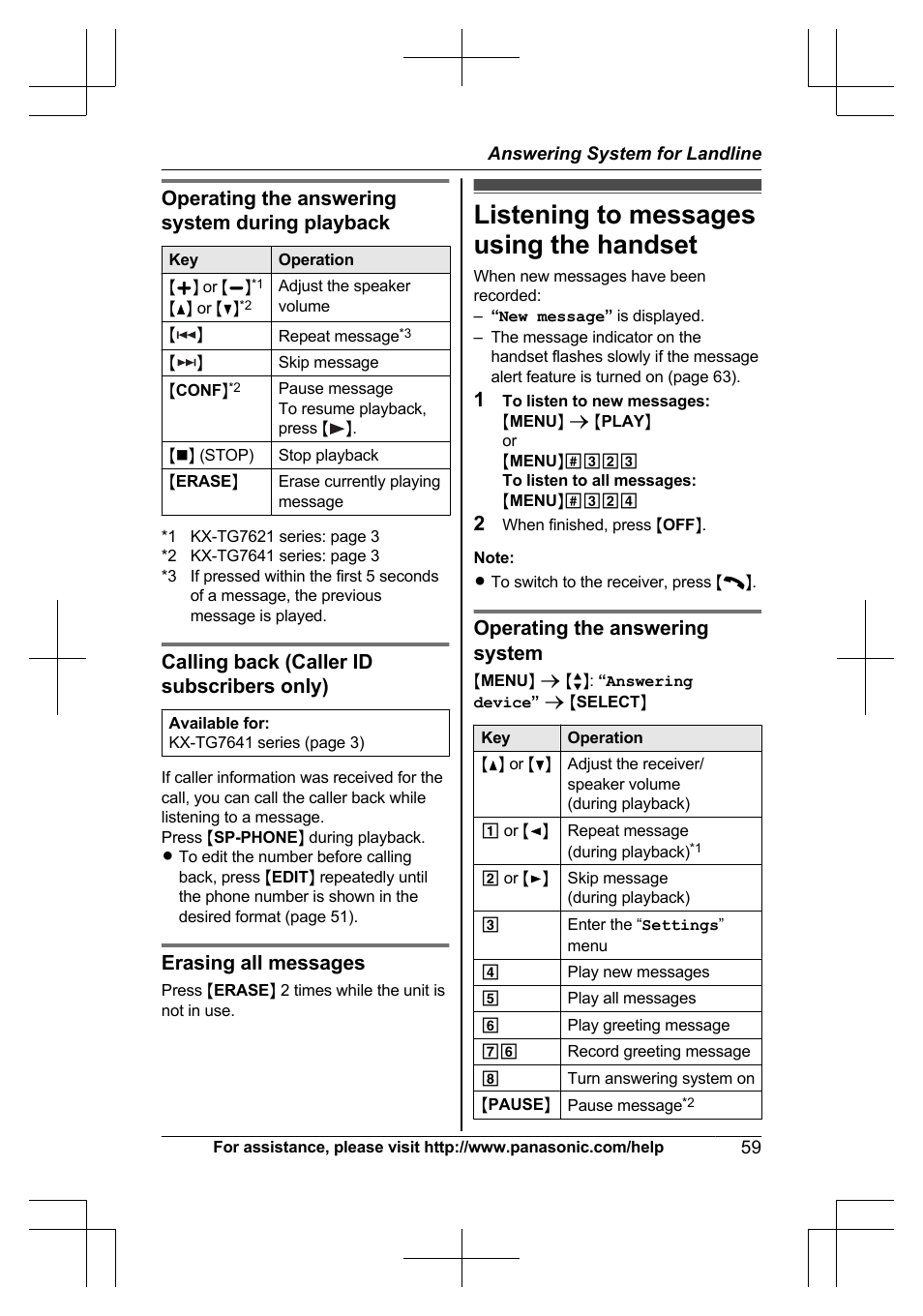 Listening to messages using the handset, Operating the answering system during playback, Calling back (caller id subscribers only) | Erasing all messages, Operating the answering system | Panasonic KXTG7623 User Manual | Page 59 / 100