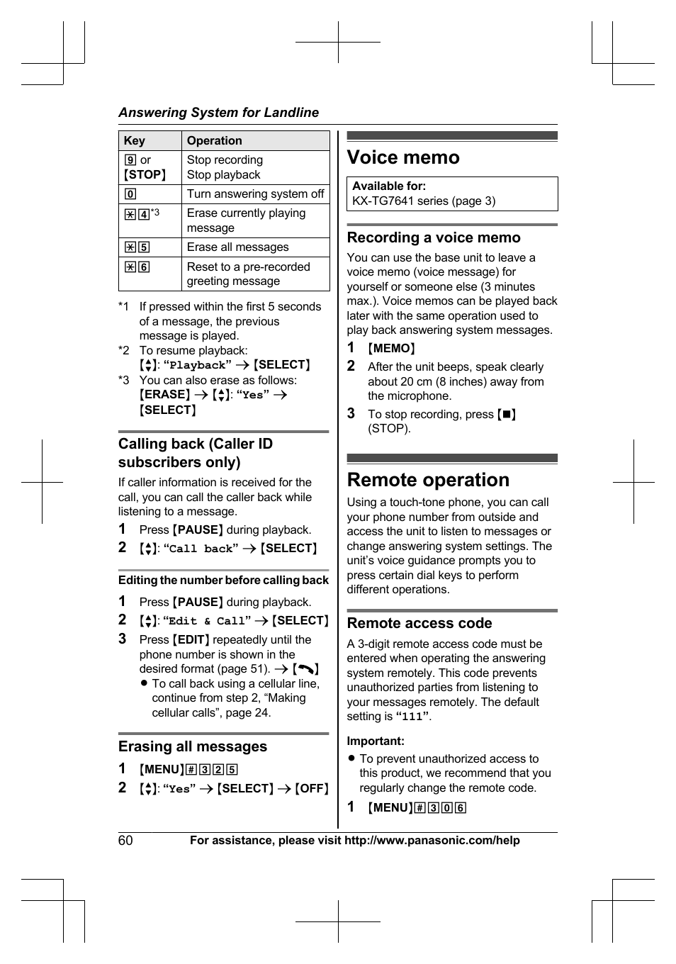 Voice memo, Remote operation, Voice memo remote operation | Panasonic KXTG7623 User Manual | Page 60 / 100