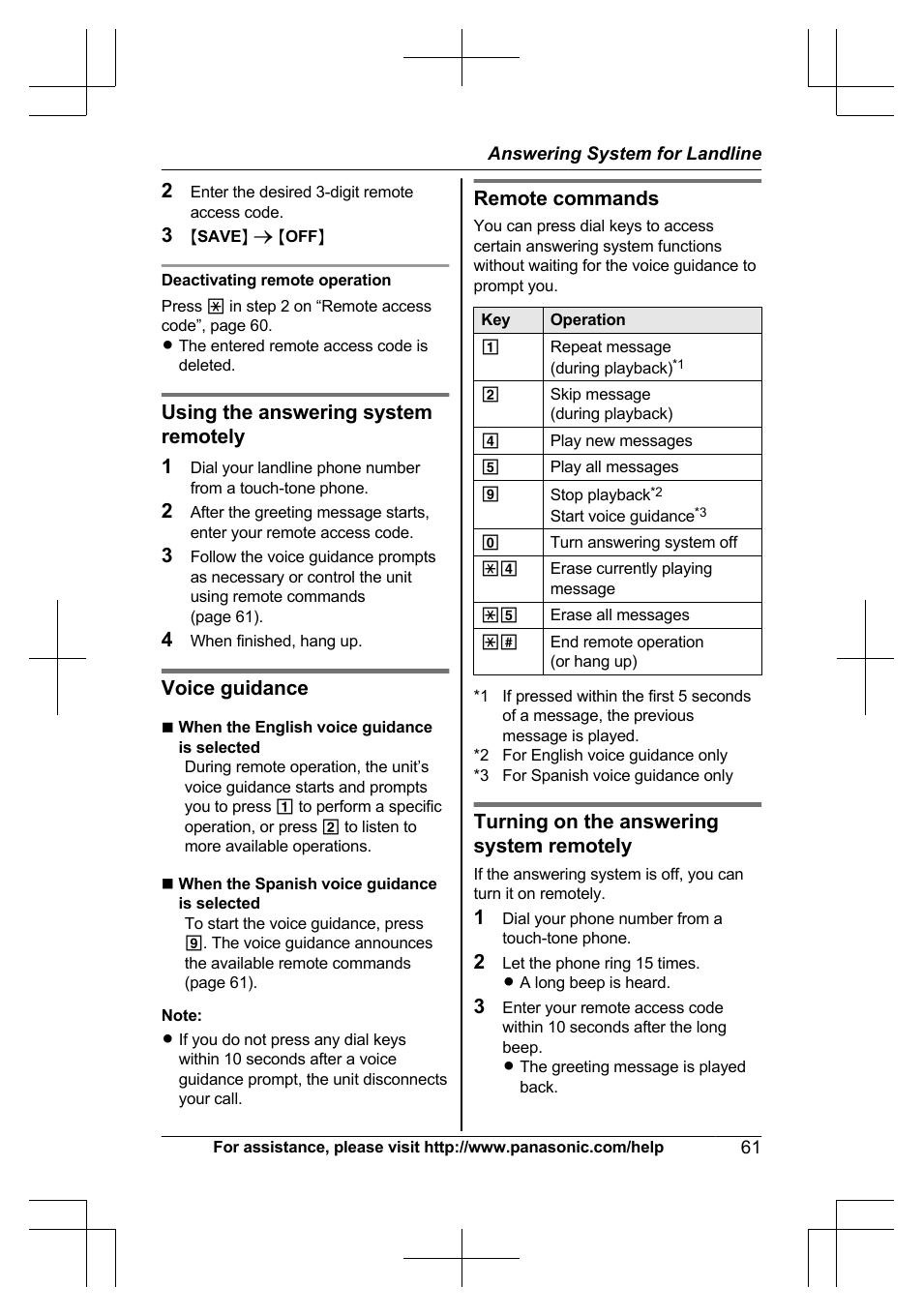 Using the answering system remotely 1, Voice guidance, Remote commands | Turning on the answering system remotely | Panasonic KXTG7623 User Manual | Page 61 / 100