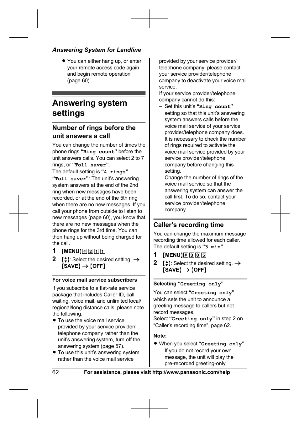 Answering system settings, Selecting “greeting only, Number of rings before the unit answers a call | Caller’s recording time | Panasonic KXTG7623 User Manual | Page 62 / 100