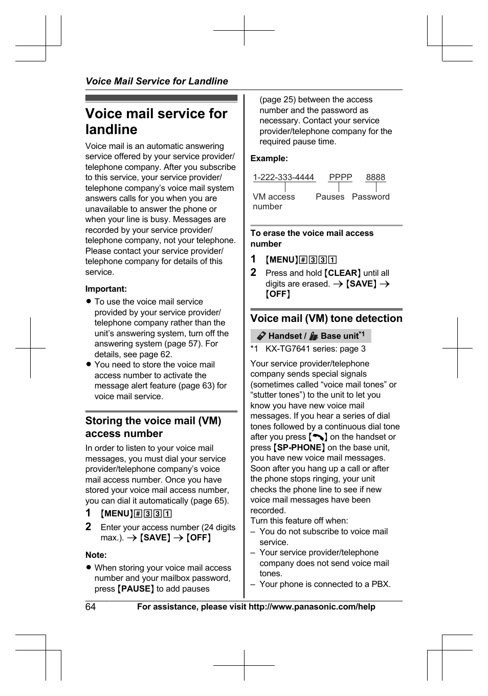 Voice mail service for landline, Storing the voice mail (vm) access number, Voice mail (vm) tone detection | Panasonic KXTG7623 User Manual | Page 64 / 100