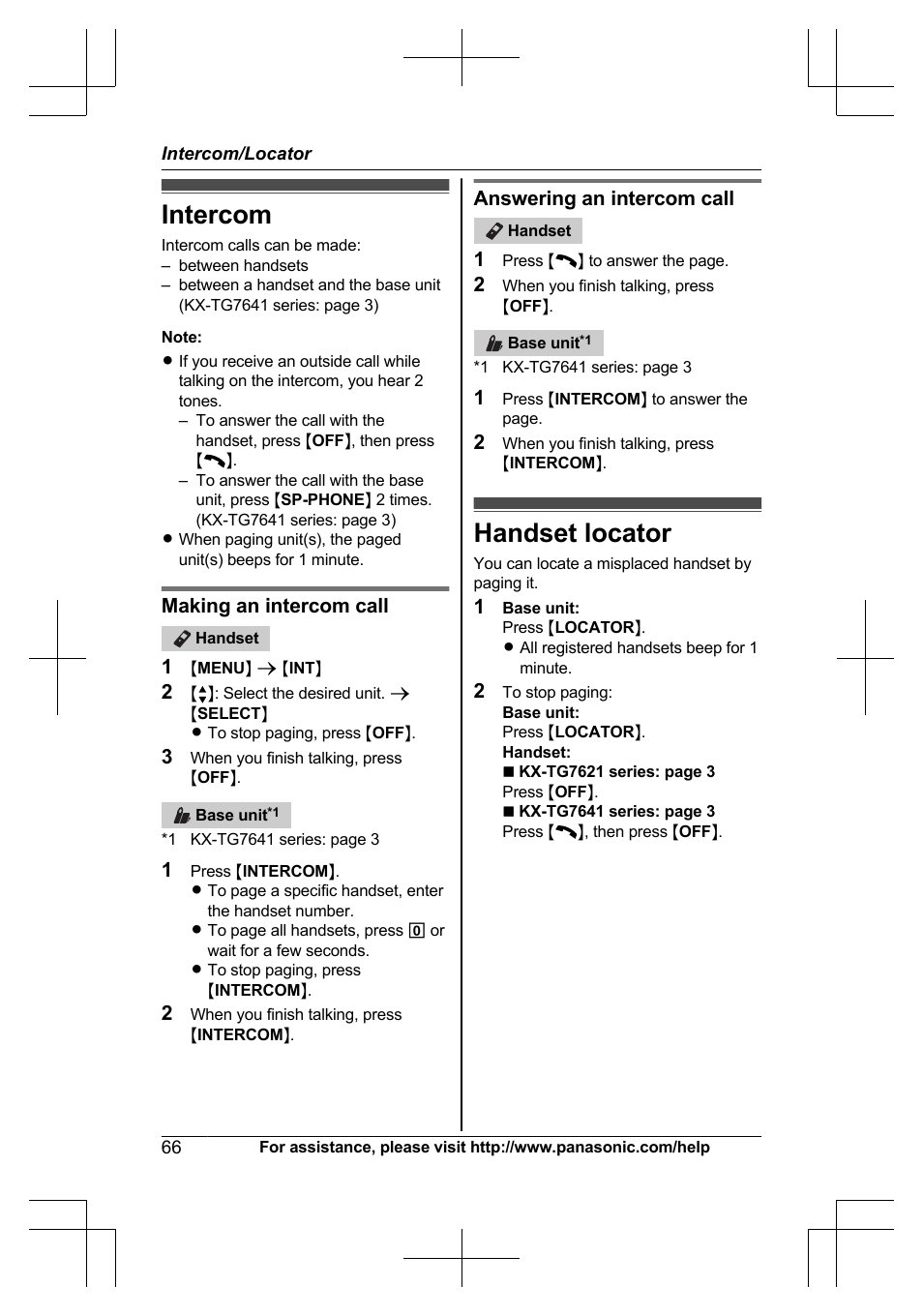 Intercom/locator, Intercom, Handset locator | Intercom handset locator, Making an intercom call, Answering an intercom call | Panasonic KXTG7623 User Manual | Page 66 / 100