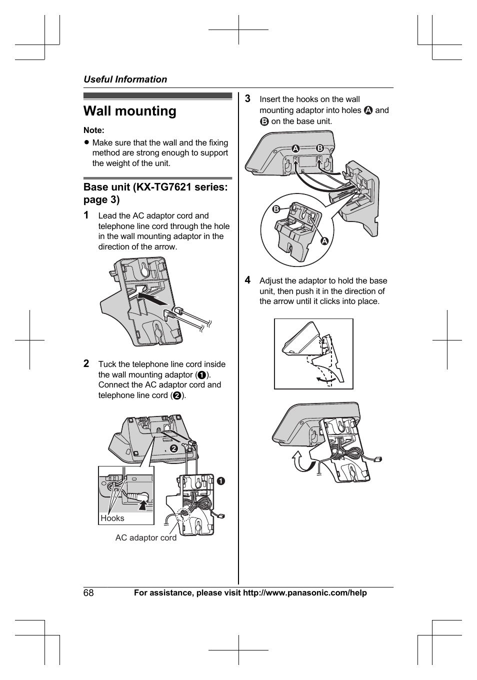 Useful information, Wall mounting | Panasonic KXTG7623 User Manual | Page 68 / 100