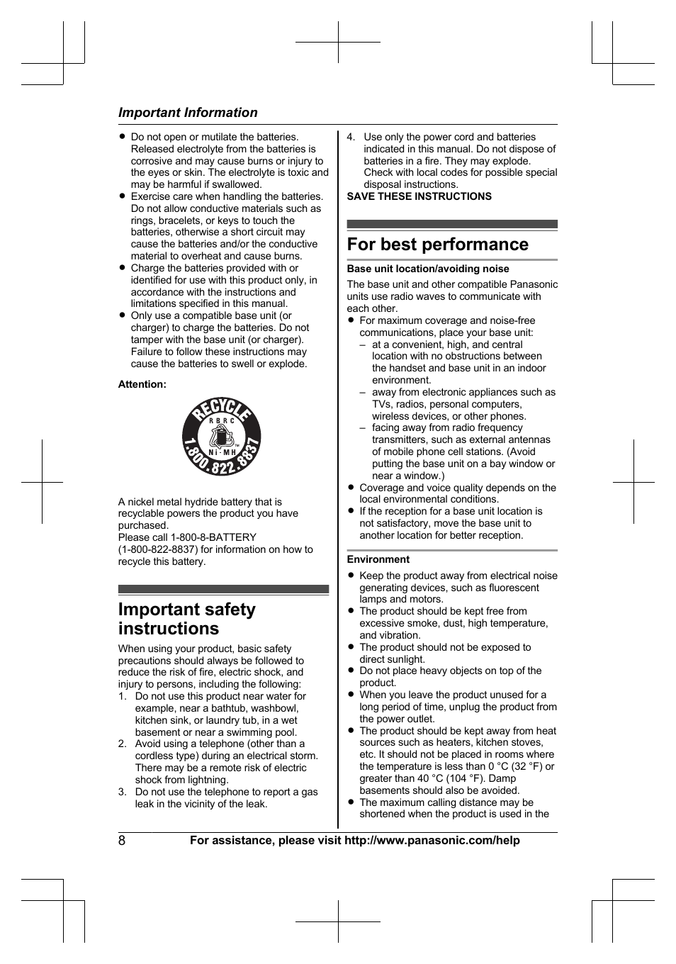 Important safety instructions, For best performance, Important safety instructions for best performance | Panasonic KXTG7623 User Manual | Page 8 / 100