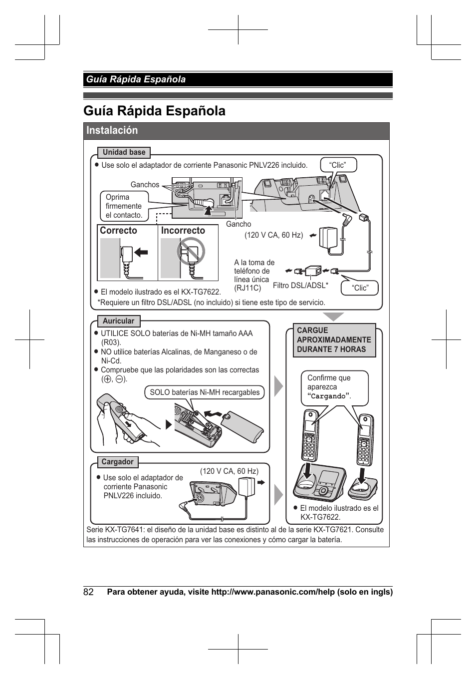 Guía rápida española, Instalación | Panasonic KXTG7623 User Manual | Page 82 / 100