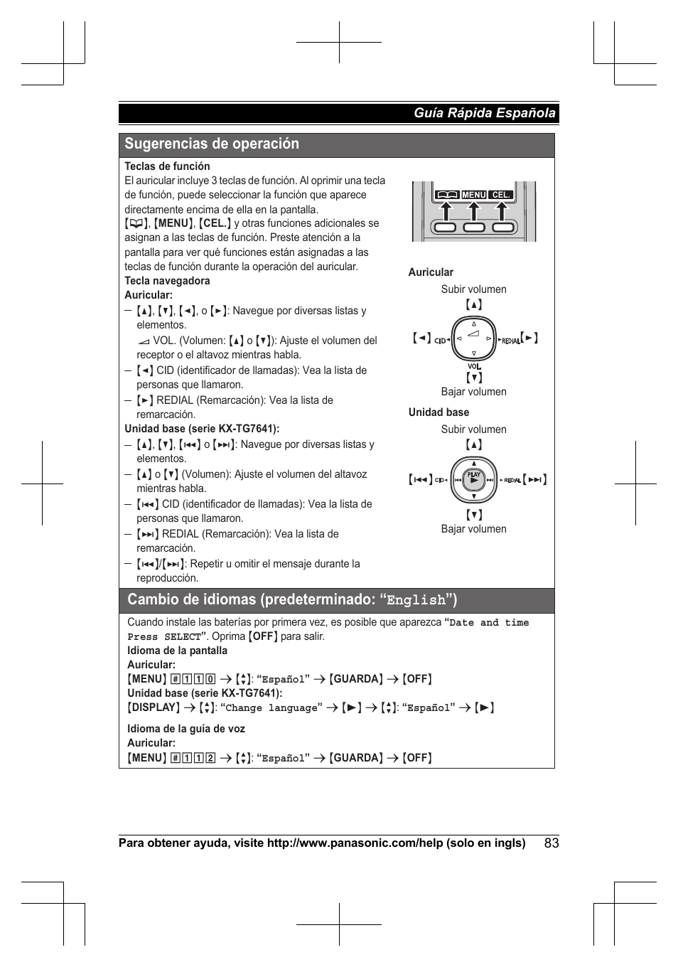 Sugerencias de operación, Cambio de idiomas (predeterminado: “english”) | Panasonic KXTG7623 User Manual | Page 83 / 100