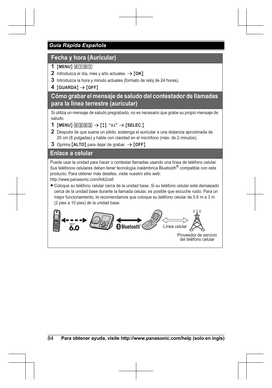 Fecha y hora (auricular), Enlace a celular | Panasonic KXTG7623 User Manual | Page 84 / 100