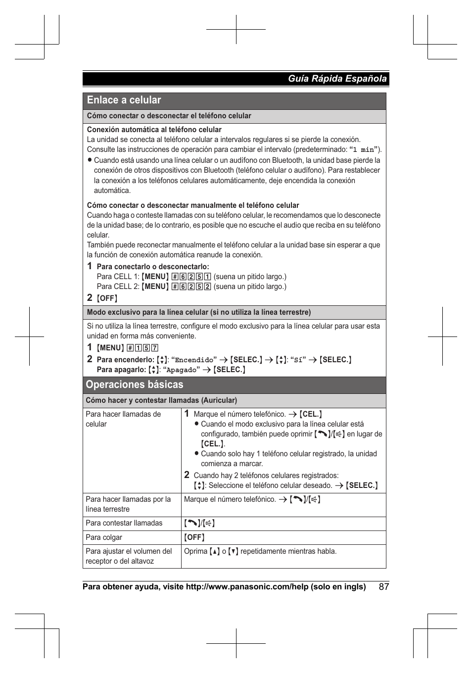 Operaciones básicas, Enlace a celular | Panasonic KXTG7623 User Manual | Page 87 / 100