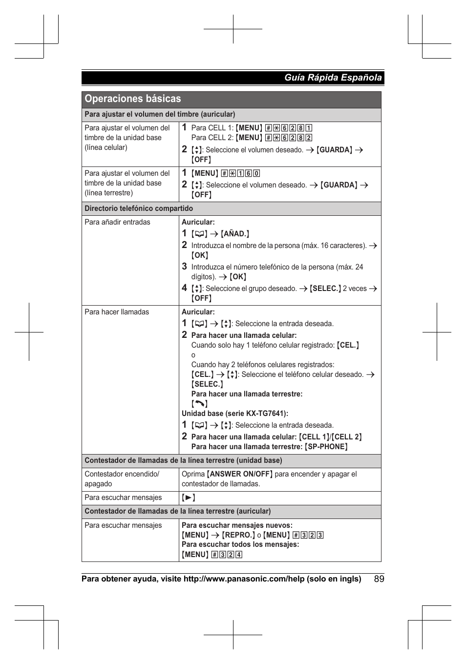 Operaciones básicas | Panasonic KXTG7623 User Manual | Page 89 / 100