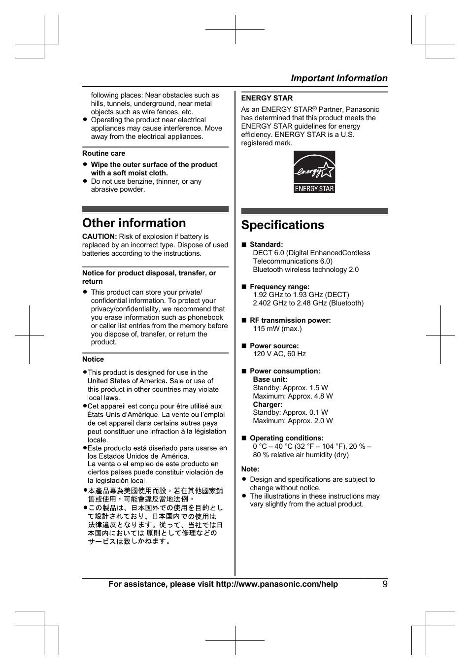 Other information, Specifications, Other information specifications | Panasonic KXTG7623 User Manual | Page 9 / 100