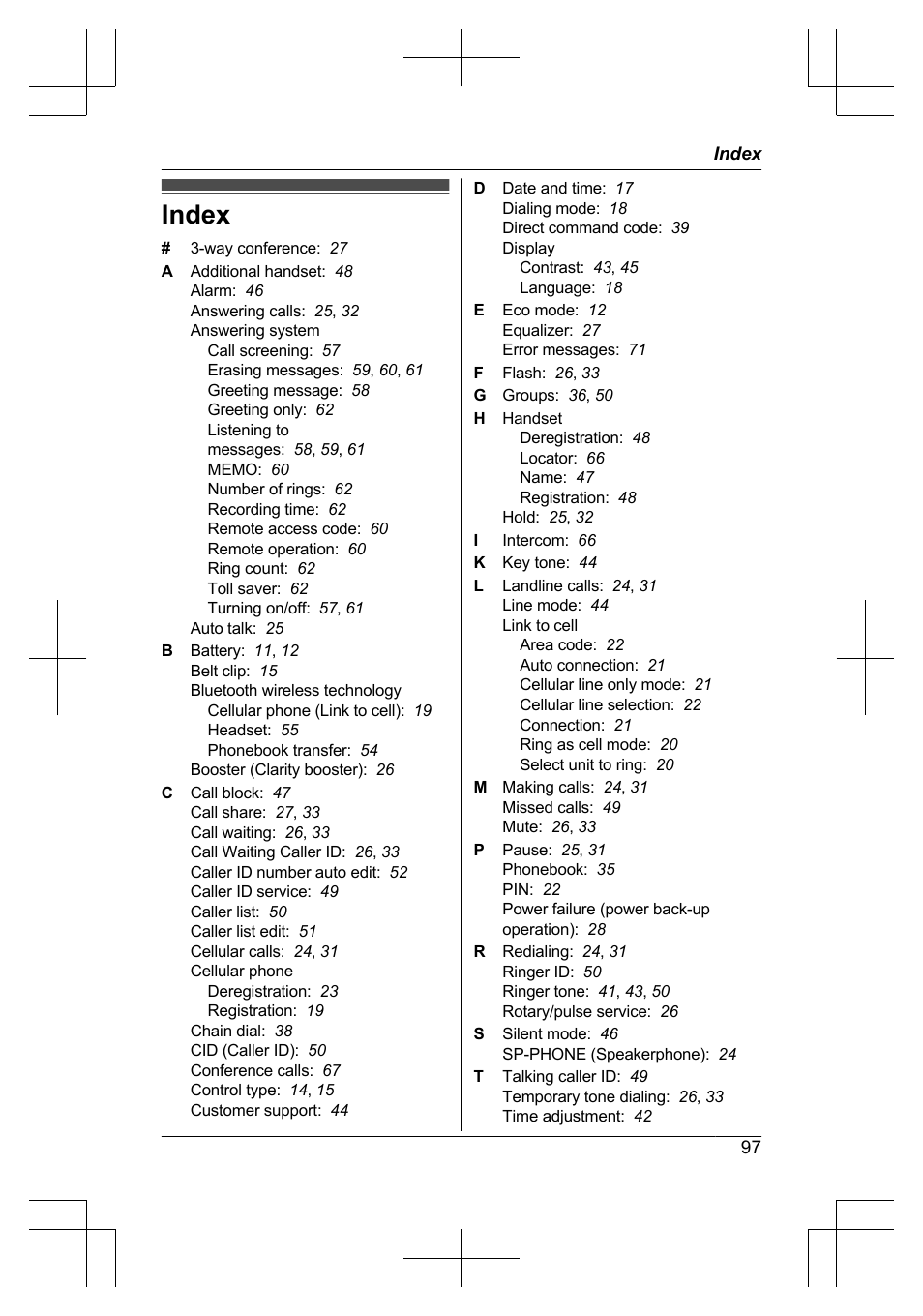 Index | Panasonic KXTG7623 User Manual | Page 97 / 100