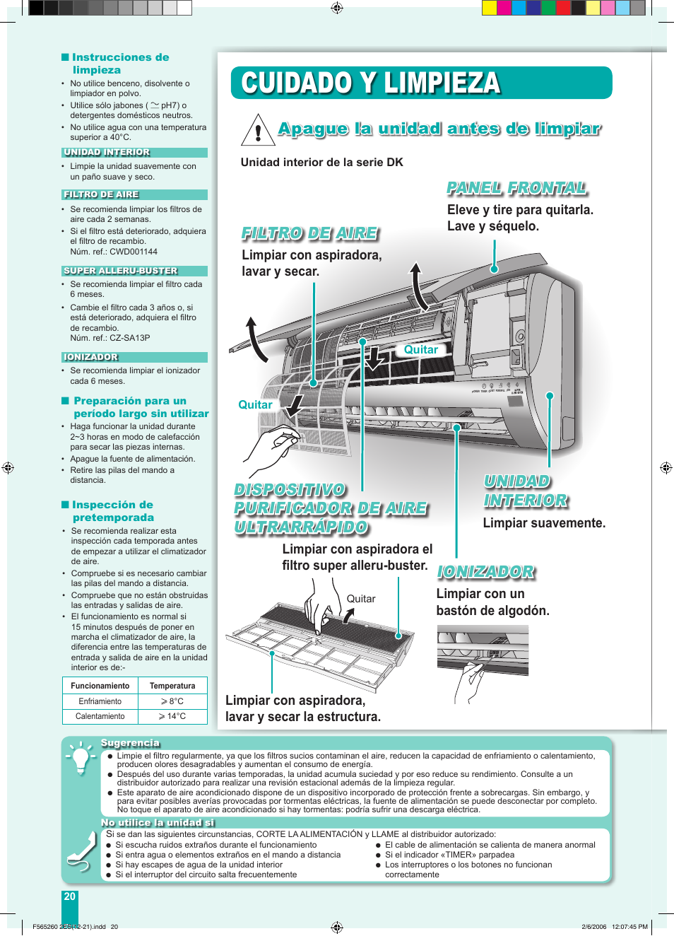 Cuidado y limpieza, Filtro de aire, Ionizador unidad interior | Panel frontal, Dispositivo purificador de aire ultrarrápido, Apague la unidad antes de limpiar, Limpiar con aspiradora, lavar y secar, Limpiar con un bastón de algodón, Limpiar suavemente, Eleve y tire para quitarla. lave y séquelo | Panasonic CSE9DKRW User Manual | Page 10 / 12