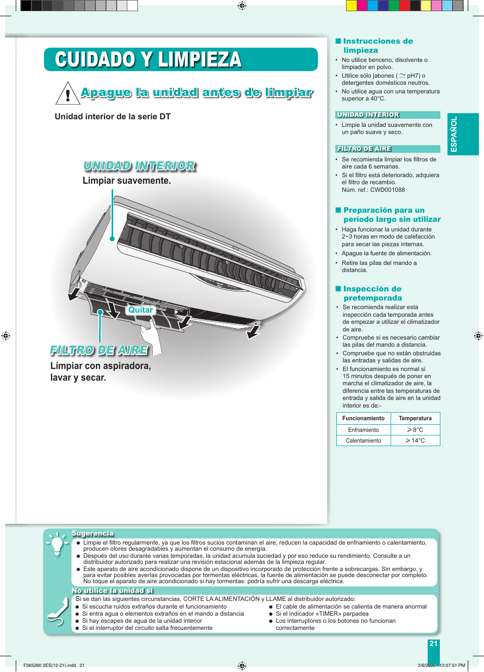 Cuidado y limpieza, Apague la unidad antes de limpiar, Filtro de aire unidad interior | Limpiar con aspiradora, lavar y secar, Limpiar suavemente, Unidad interior de la serie dt, Quitar | Panasonic CSE9DKRW User Manual | Page 11 / 12