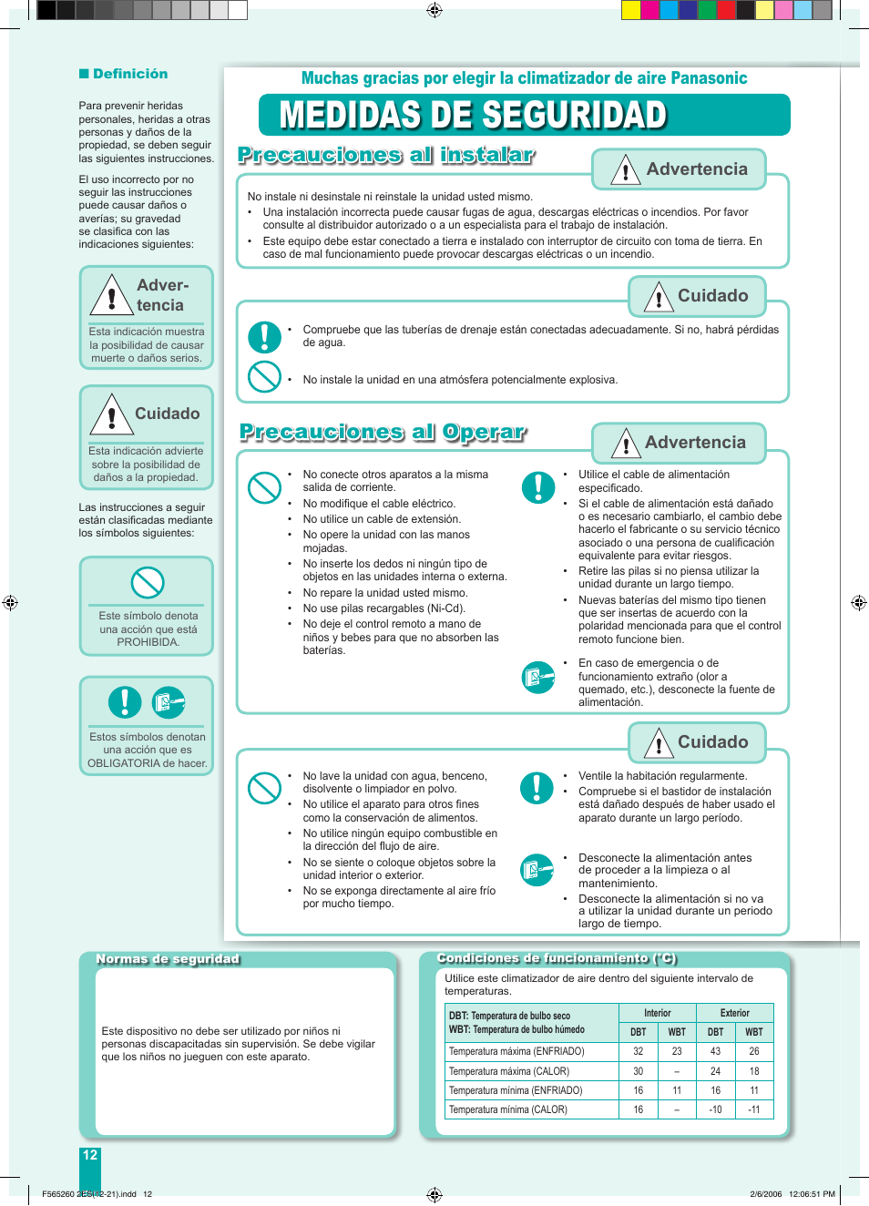 Medidas de seguridad, Precauciones al instalar, Precauciones al operar | Cuidado advertencia, Advertencia, Adver- tencia, Cuidado | Panasonic CSE9DKRW User Manual | Page 2 / 12