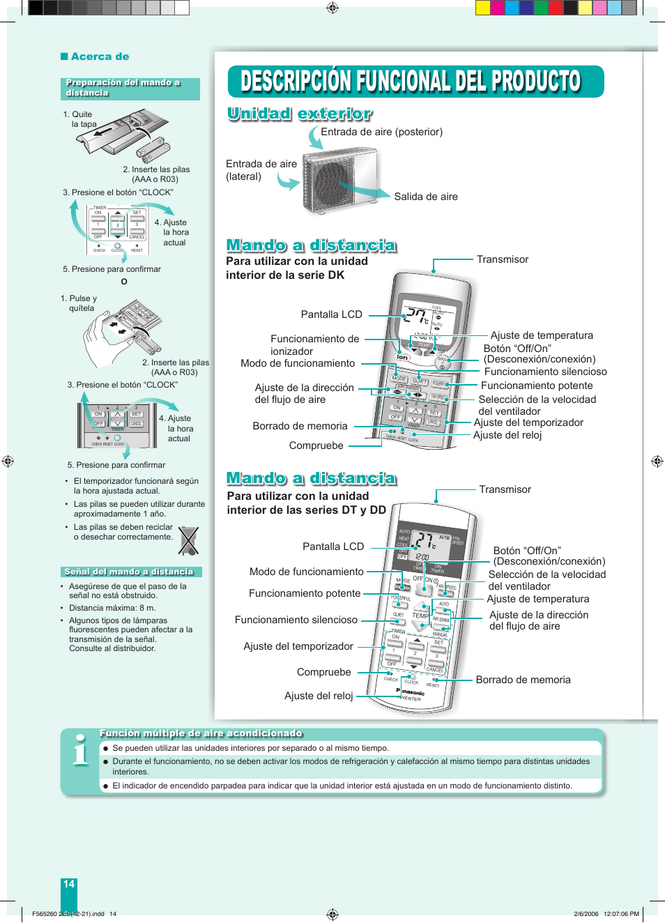 Descripción funcional del producto, Mando a distancia, Unidad exterior | Compruebe, Función múltiple de aire acondicionado | Panasonic CSE9DKRW User Manual | Page 4 / 12