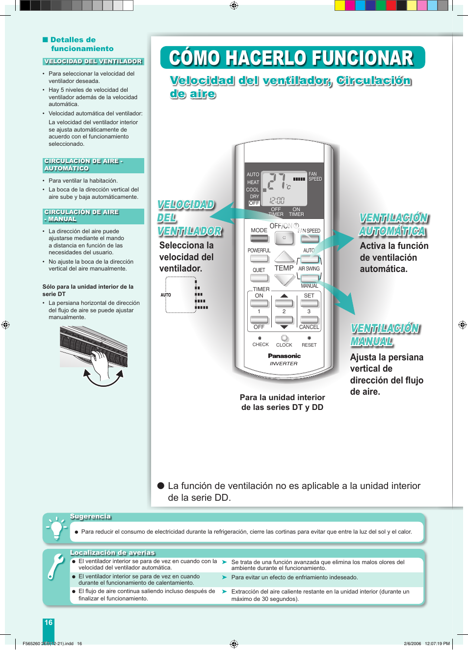 Cómo hacerlo funcionar, Velocidad del ventilador, Ventilación manual | Panasonic CSE9DKRW User Manual | Page 6 / 12