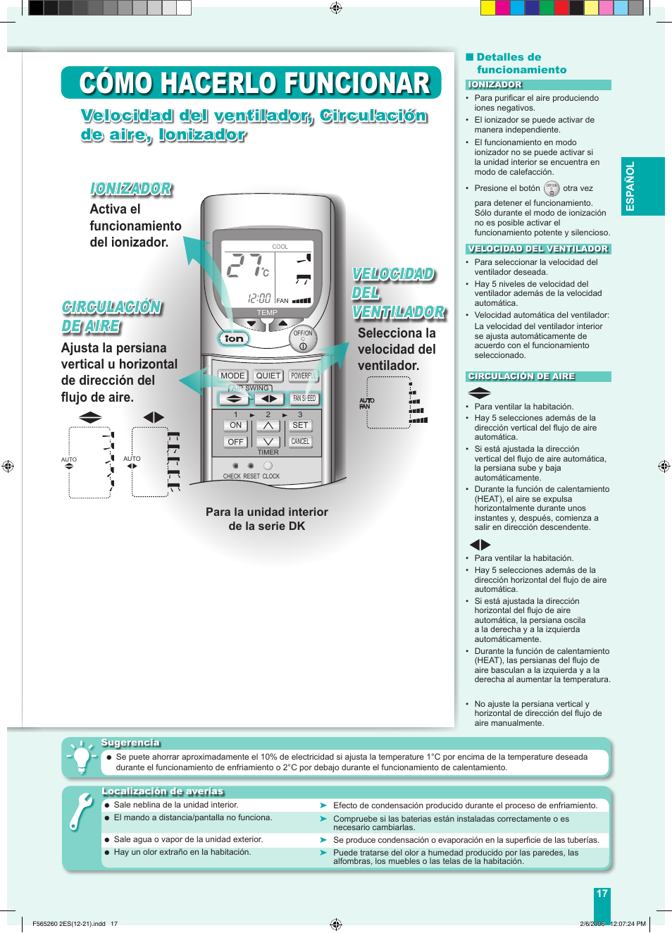 Cómo hacerlo funcionar, Ventilación automática, Ionizador | Velocidad del ventilador, Circulación de aire, Activa el funcionamiento del ionizador, Selecciona la velocidad del ventilador, Para la unidad interior de la serie dk | Panasonic CSE9DKRW User Manual | Page 7 / 12