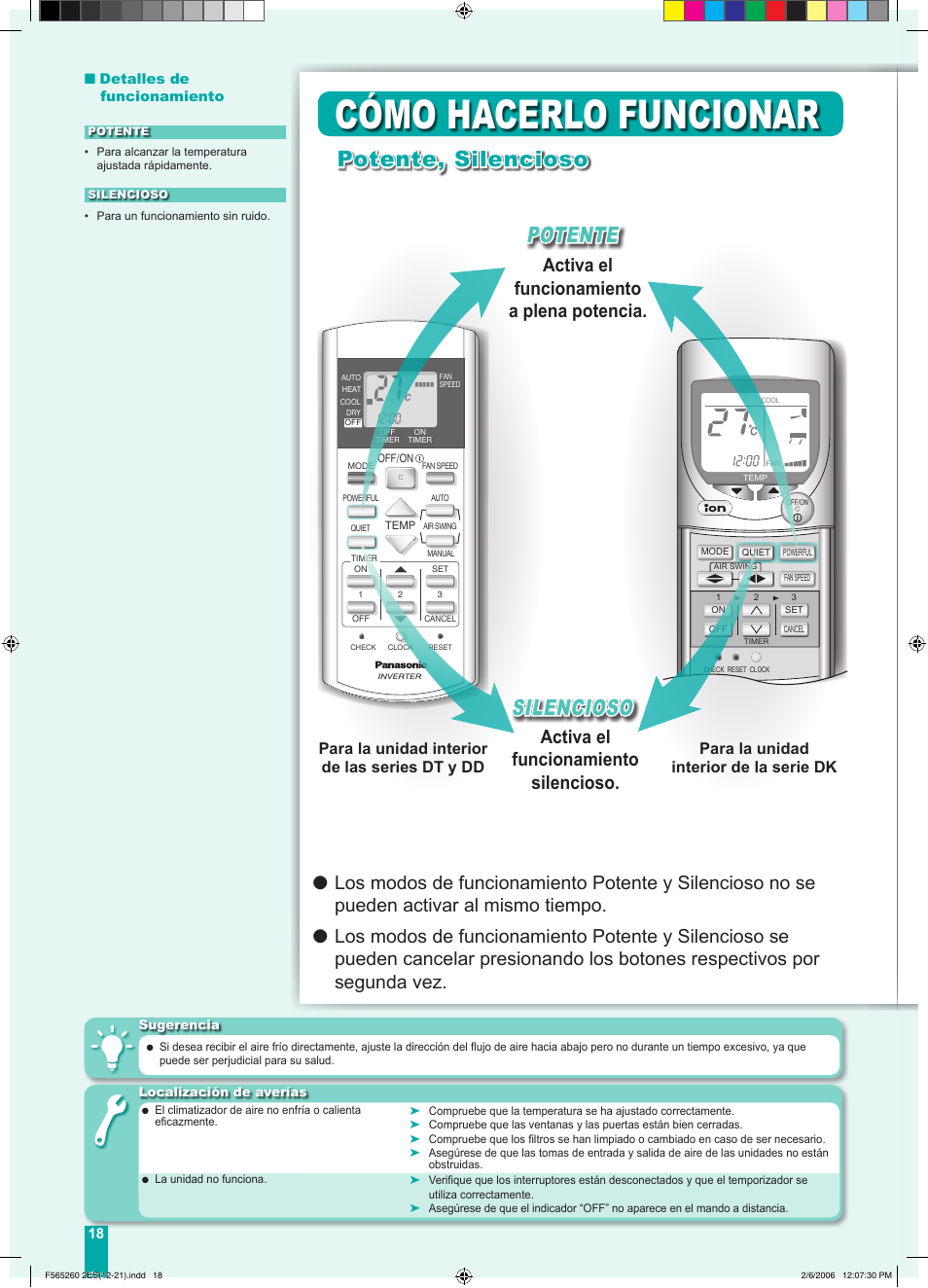 Cómo hacerlo funcionar, Potente, silencioso, Potente | Silencioso, Activa el funcionamiento a plena potencia, Activa el funcionamiento silencioso | Panasonic CSE9DKRW User Manual | Page 8 / 12