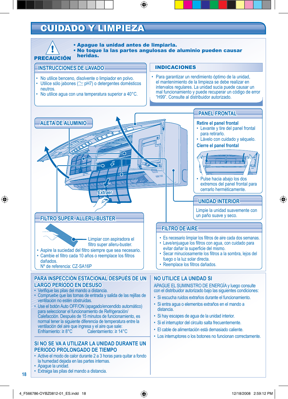 Cuidado y limpieza | Panasonic CURE18JKX User Manual | Page 6 / 8