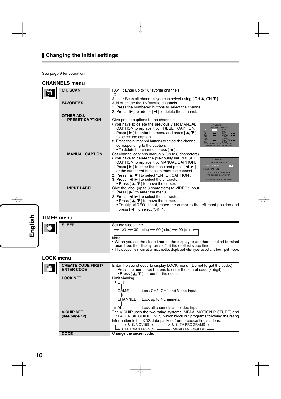 10 english, Changing the initial settings, Timer menu | Channels menu, Lock menu | Panasonic TYFB9TU User Manual | Page 10 / 32