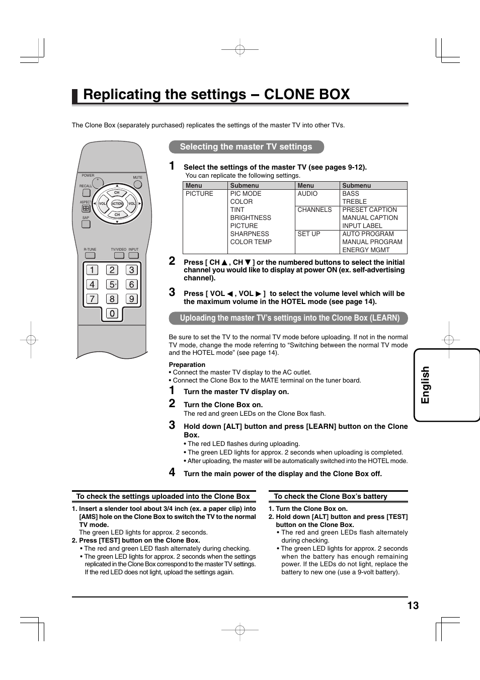 Replicating the settings - clone box, 13 english | Panasonic TYFB9TU User Manual | Page 13 / 32