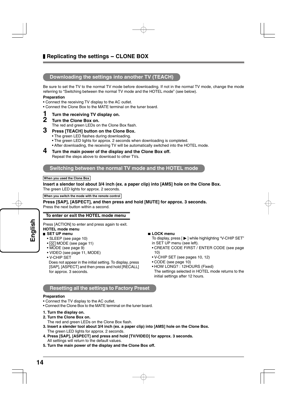14 english, Replicating the settings - clone box | Panasonic TYFB9TU User Manual | Page 14 / 32