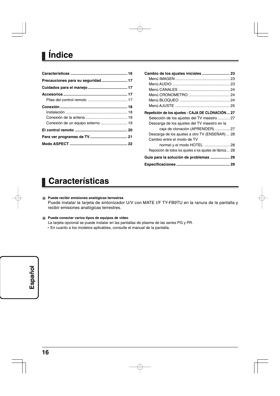Índice características, 16 espa ñ ol | Panasonic TYFB9TU User Manual | Page 16 / 32