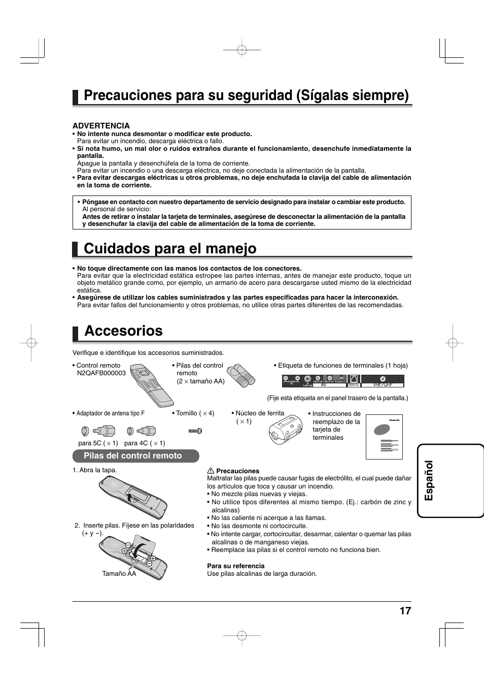 Precauciones para su seguridad (sígalas siempre), Cuidados para el manejo, Accesorios | 17 espa ñ ol | Panasonic TYFB9TU User Manual | Page 17 / 32