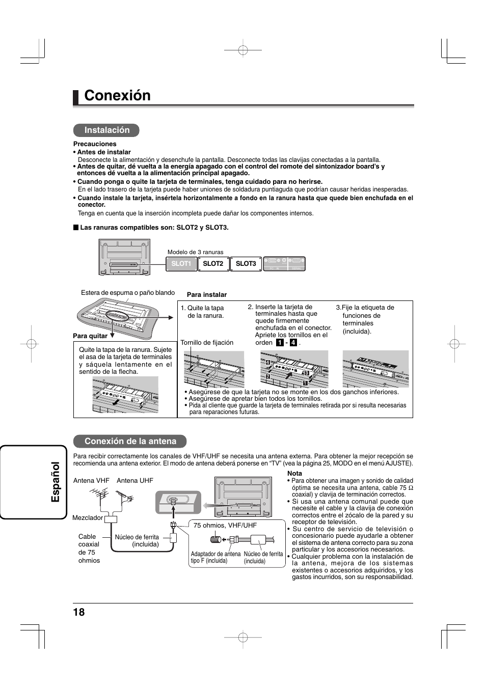 Conexión, 18 espa ñ ol, Conexión de la antena | Instalación | Panasonic TYFB9TU User Manual | Page 18 / 32