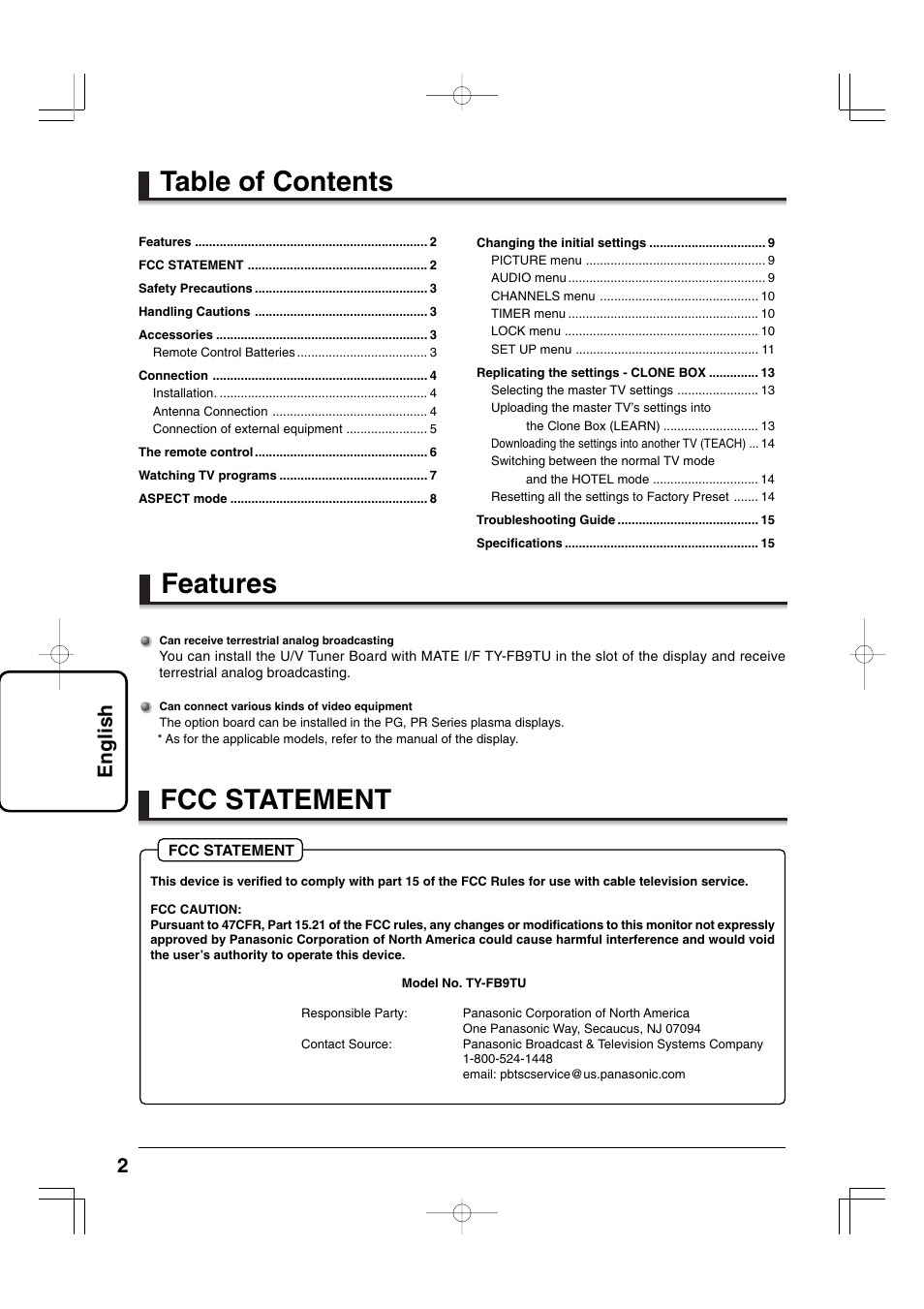 Table of contents features, Fcc statement, 2english | Panasonic TYFB9TU User Manual | Page 2 / 32