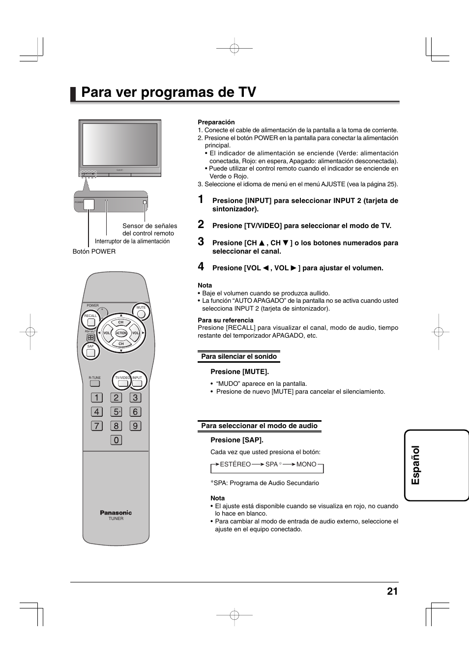 Para ver programas de tv, 21 espa ñ ol | Panasonic TYFB9TU User Manual | Page 21 / 32