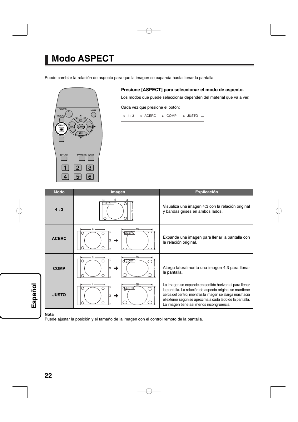 Modo aspect, 22 espa ñ ol | Panasonic TYFB9TU User Manual | Page 22 / 32