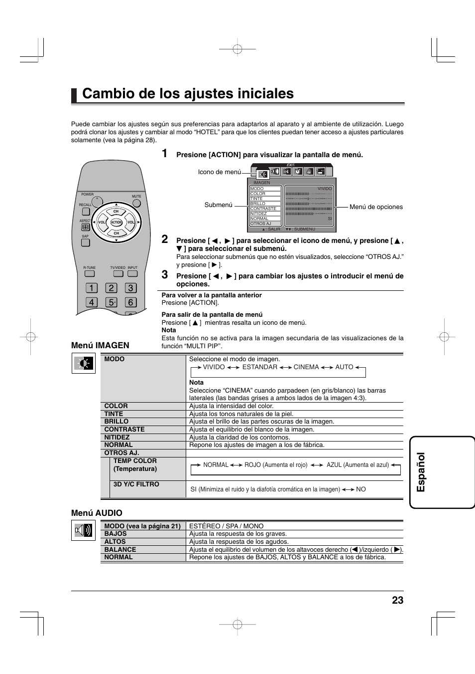 Cambio de los ajustes iniciales, 23 espa ñ ol, Menú audio | Menú imagen | Panasonic TYFB9TU User Manual | Page 23 / 32