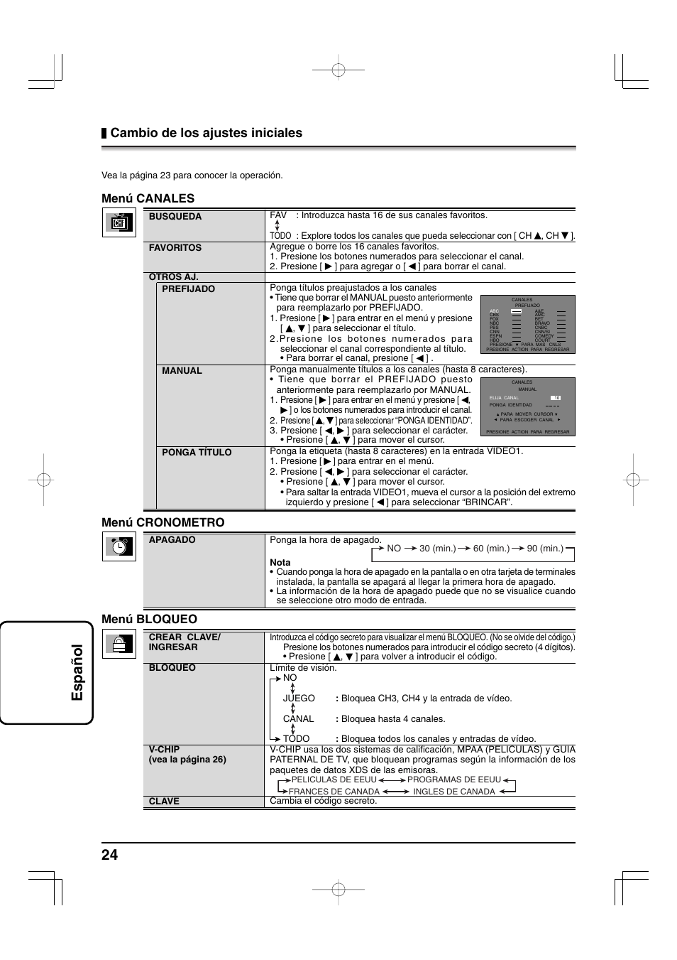 24 espa ñ ol, Cambio de los ajustes iniciales, Menú cronometro | Menú canales, Menú bloqueo | Panasonic TYFB9TU User Manual | Page 24 / 32