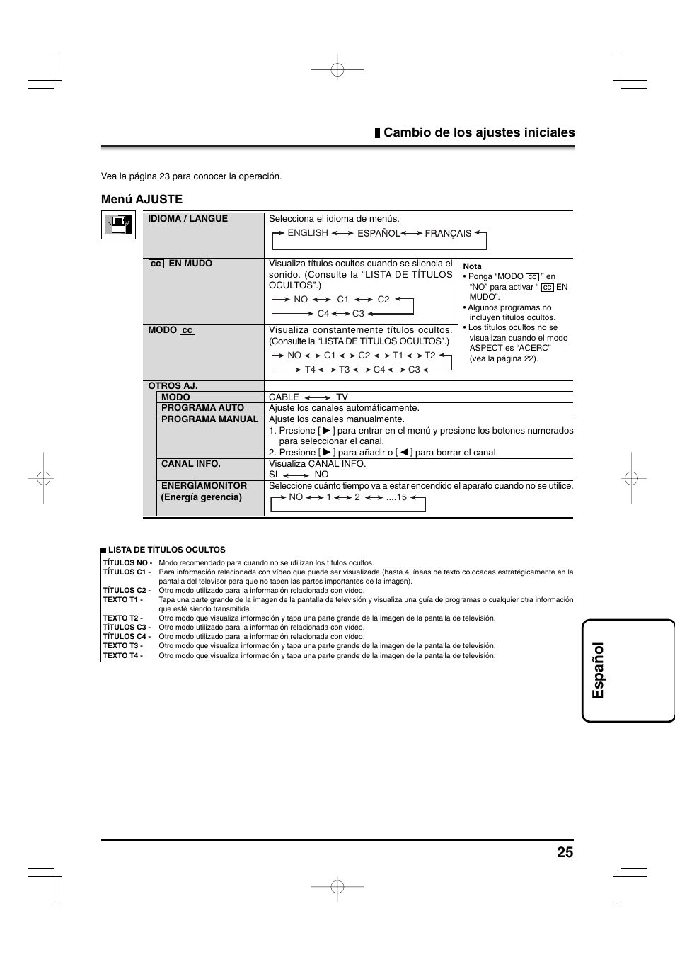 25 espa ñ ol, Cambio de los ajustes iniciales, Menú ajuste | Panasonic TYFB9TU User Manual | Page 25 / 32