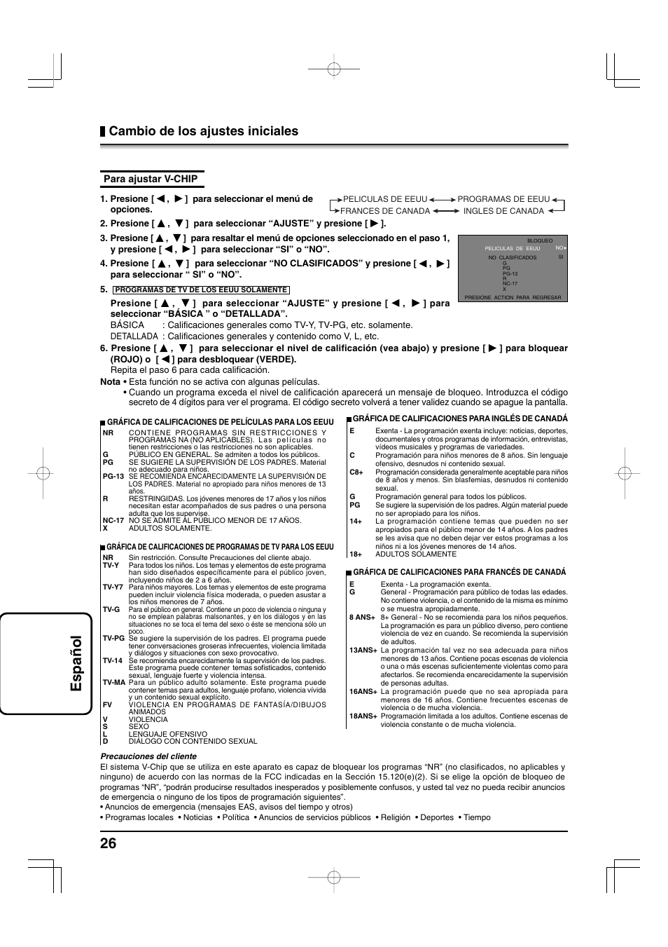 26 espa ñ ol, Cambio de los ajustes iniciales, Para ajustar v-chip | Panasonic TYFB9TU User Manual | Page 26 / 32
