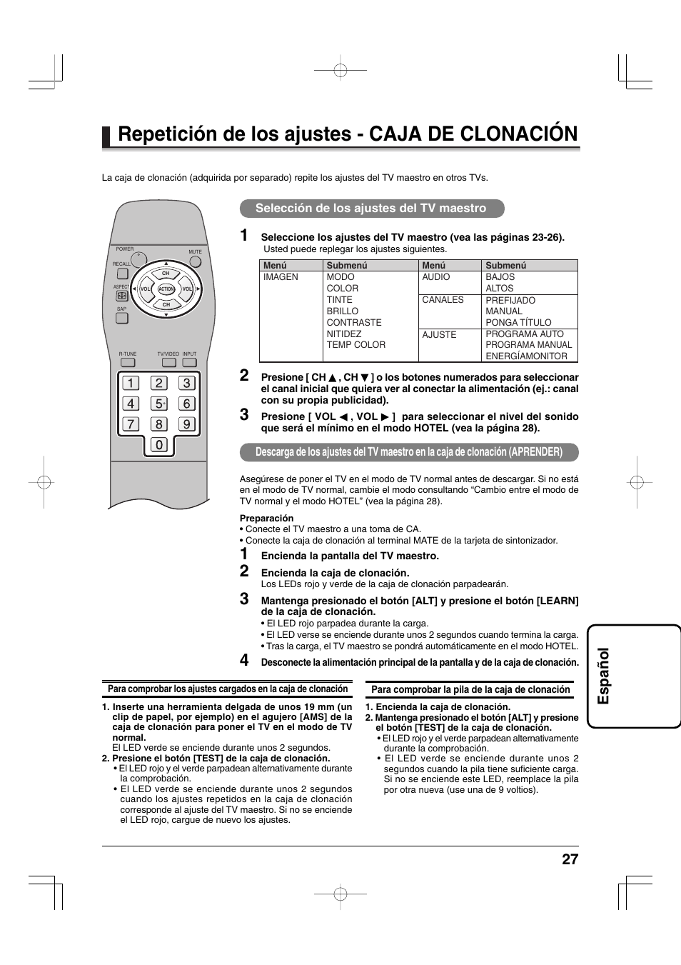 Repetición de los ajustes - caja de clonación, 27 espa ñ ol | Panasonic TYFB9TU User Manual | Page 27 / 32