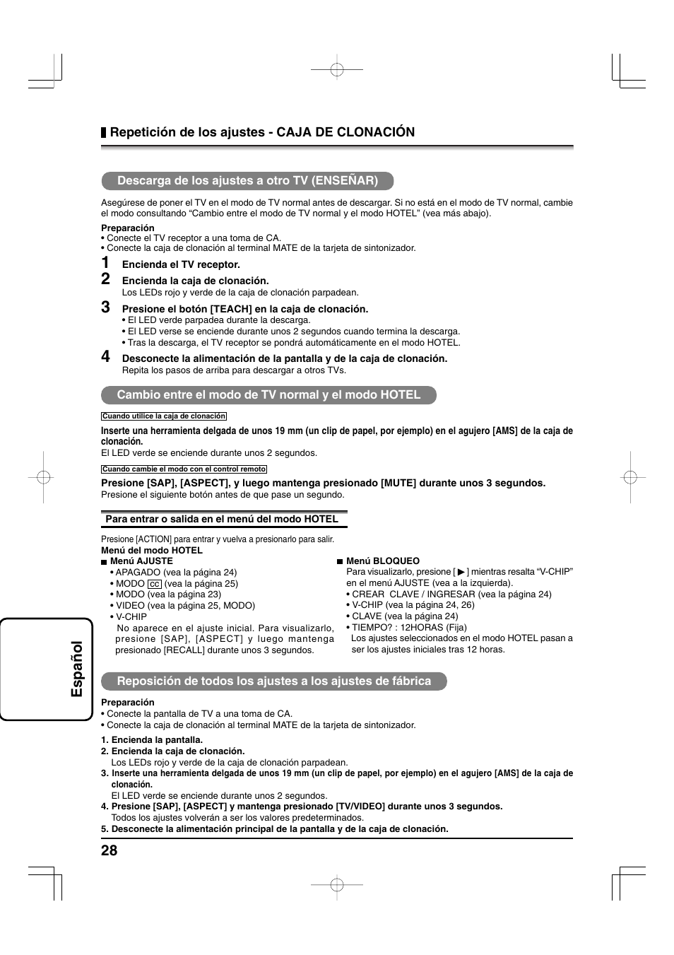 28 espa ñ ol, Repetición de los ajustes - caja de clonación | Panasonic TYFB9TU User Manual | Page 28 / 32