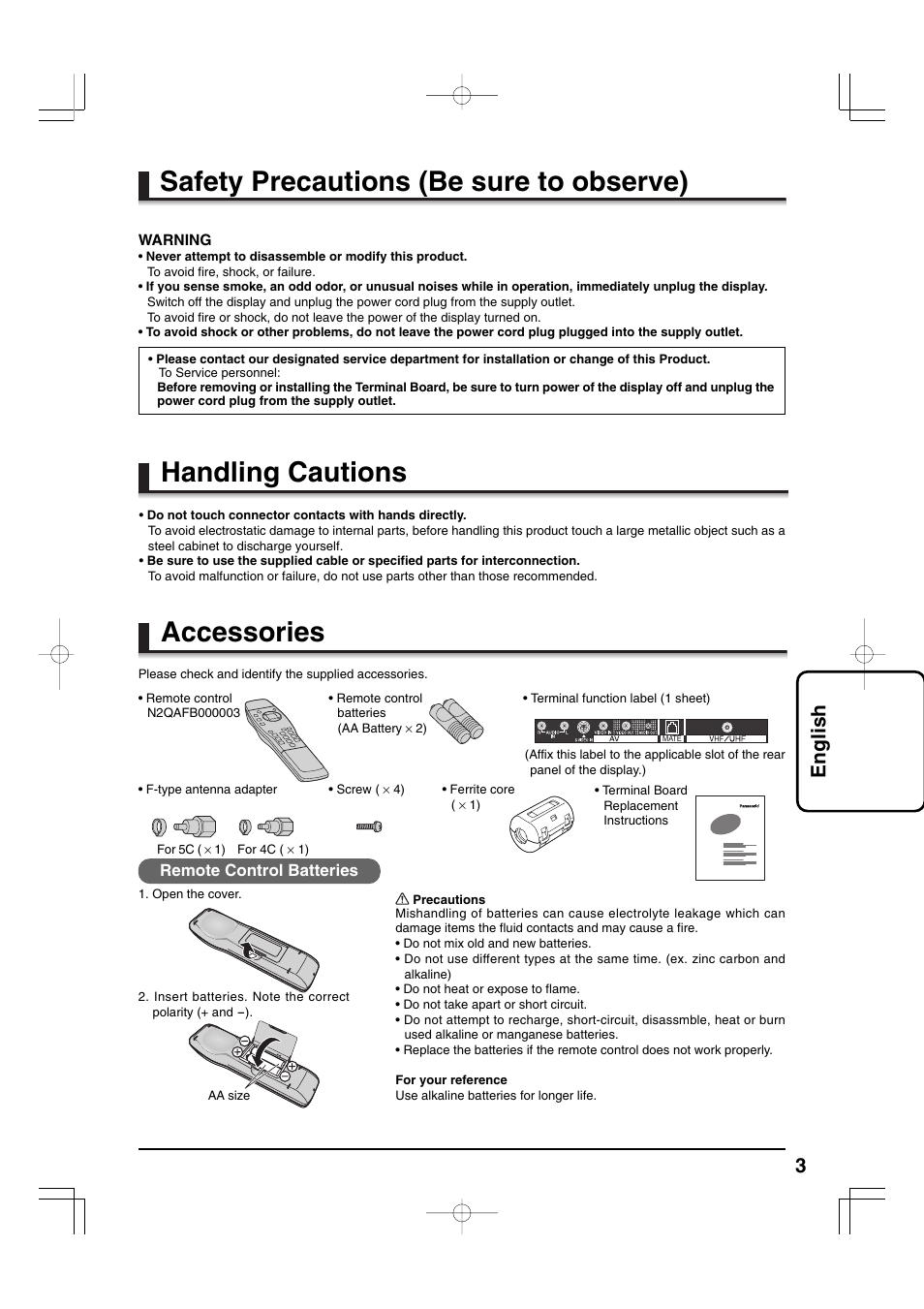 Safety precautions (be sure to observe), Handling cautions, Accessories | 3english | Panasonic TYFB9TU User Manual | Page 3 / 32