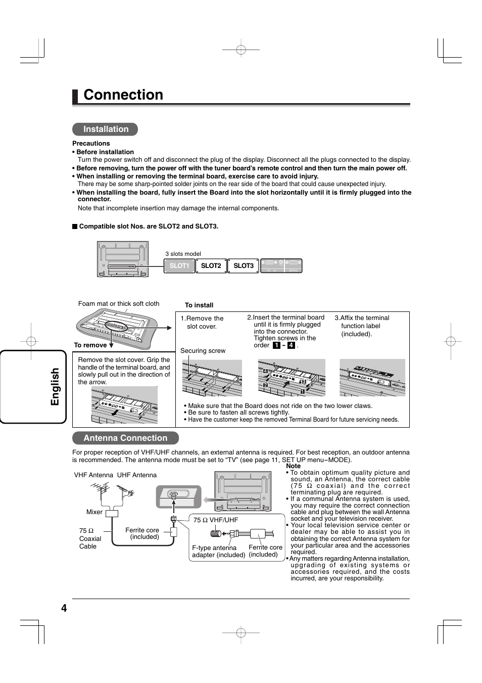 Connection, 4english, Antenna connection | Installation | Panasonic TYFB9TU User Manual | Page 4 / 32