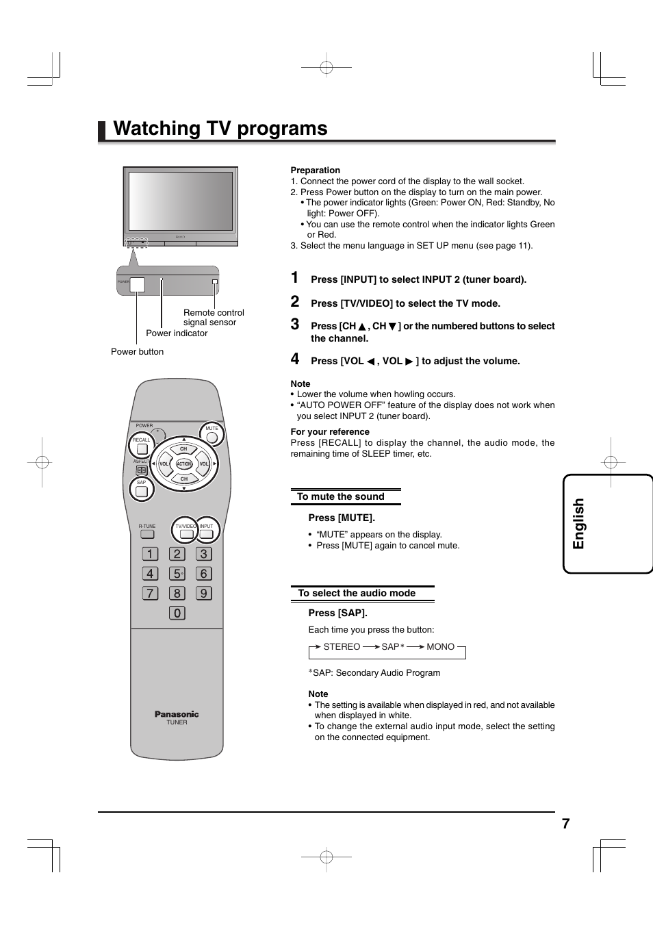 Watching tv programs, 7english | Panasonic TYFB9TU User Manual | Page 7 / 32