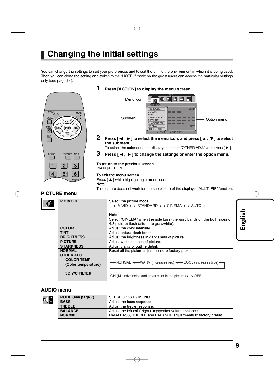 Changing the initial settings, 9english, Audio menu | Picture menu | Panasonic TYFB9TU User Manual | Page 9 / 32