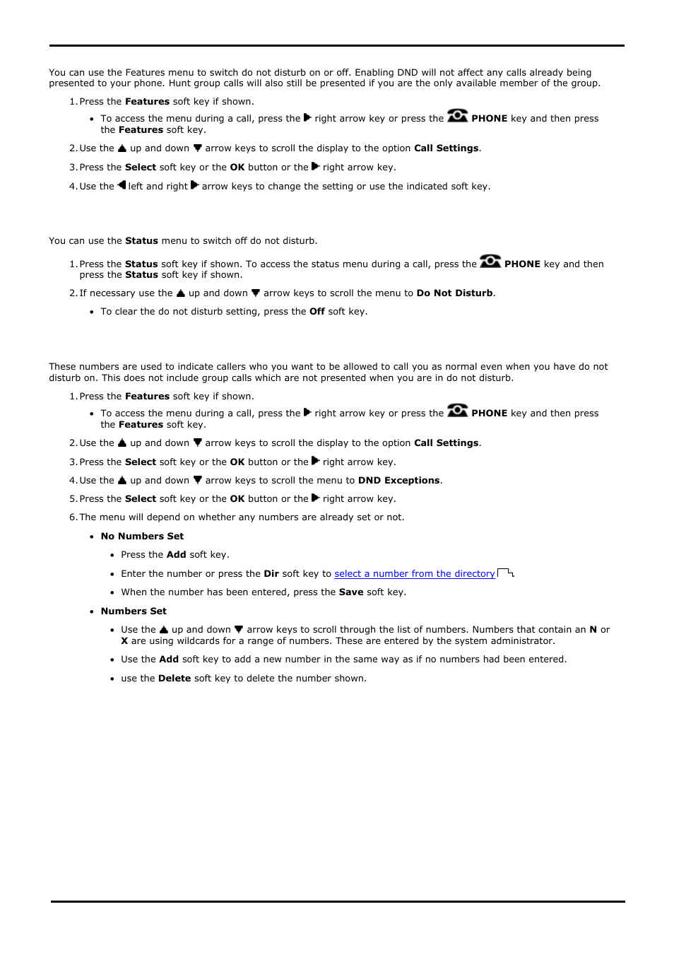 Dnd on/off (features menu), Dnd off (status menu), Do not disturb exceptions | 1 dnd on/off (features menu), 2 dnd off (status menu), 3 do not disturb exceptions | Avaya 15-601040 User Manual | Page 104 / 188