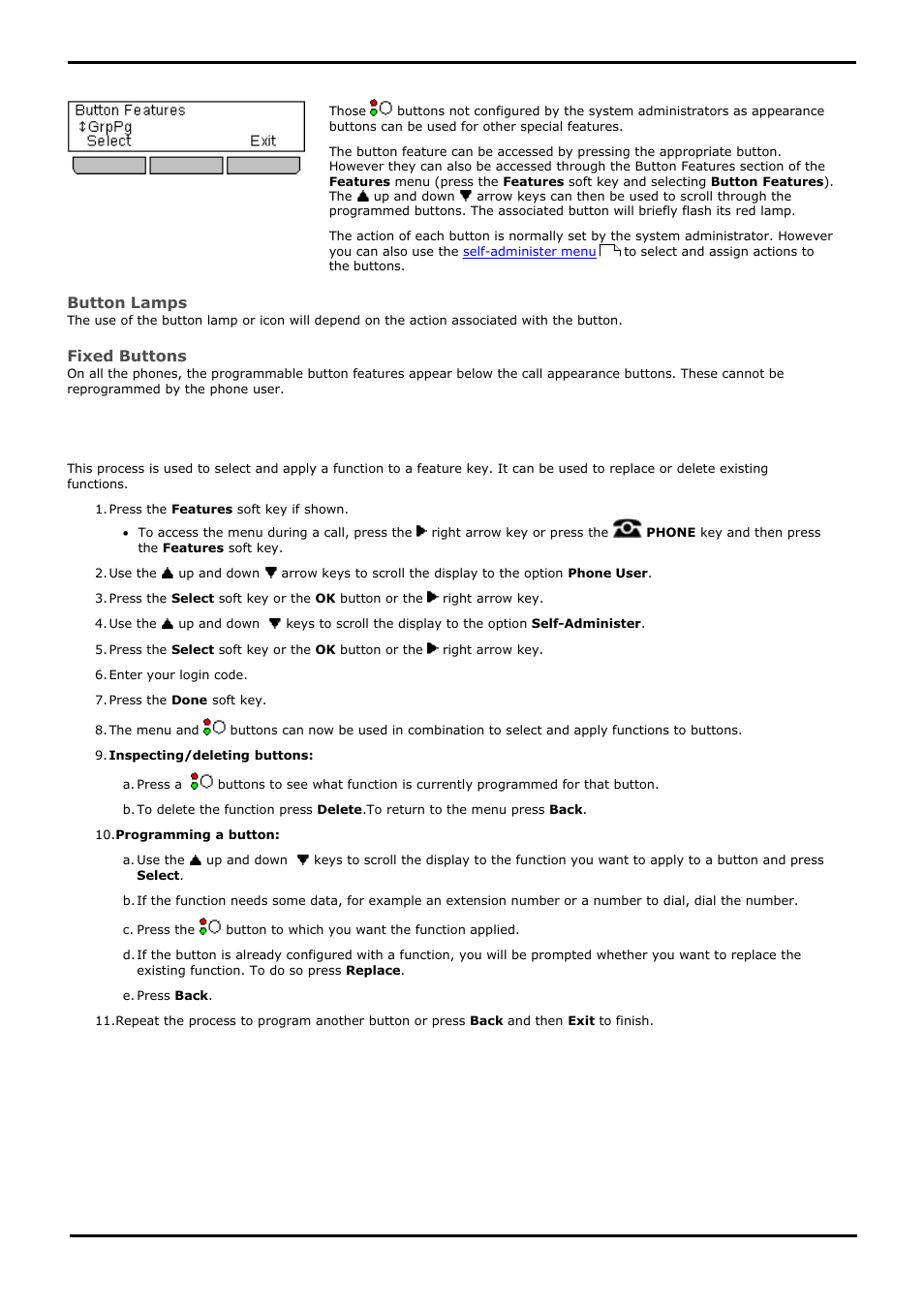 Button features, Programming a button, 1 programming a button | Feature buttons, You can also use the, Self-administer menu, Self-administer function, Feature button | Avaya 15-601040 User Manual | Page 116 / 188