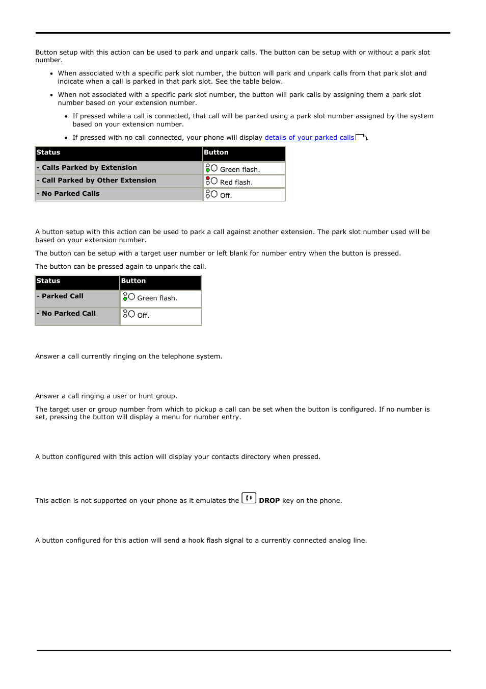 Call park, Call park to other ext, Call pickup | Directed call pickup, Directory, Drop, Flash hook, 8 call park, 9 call park to other ext, 10 call pickup | Avaya 15-601040 User Manual | Page 119 / 188