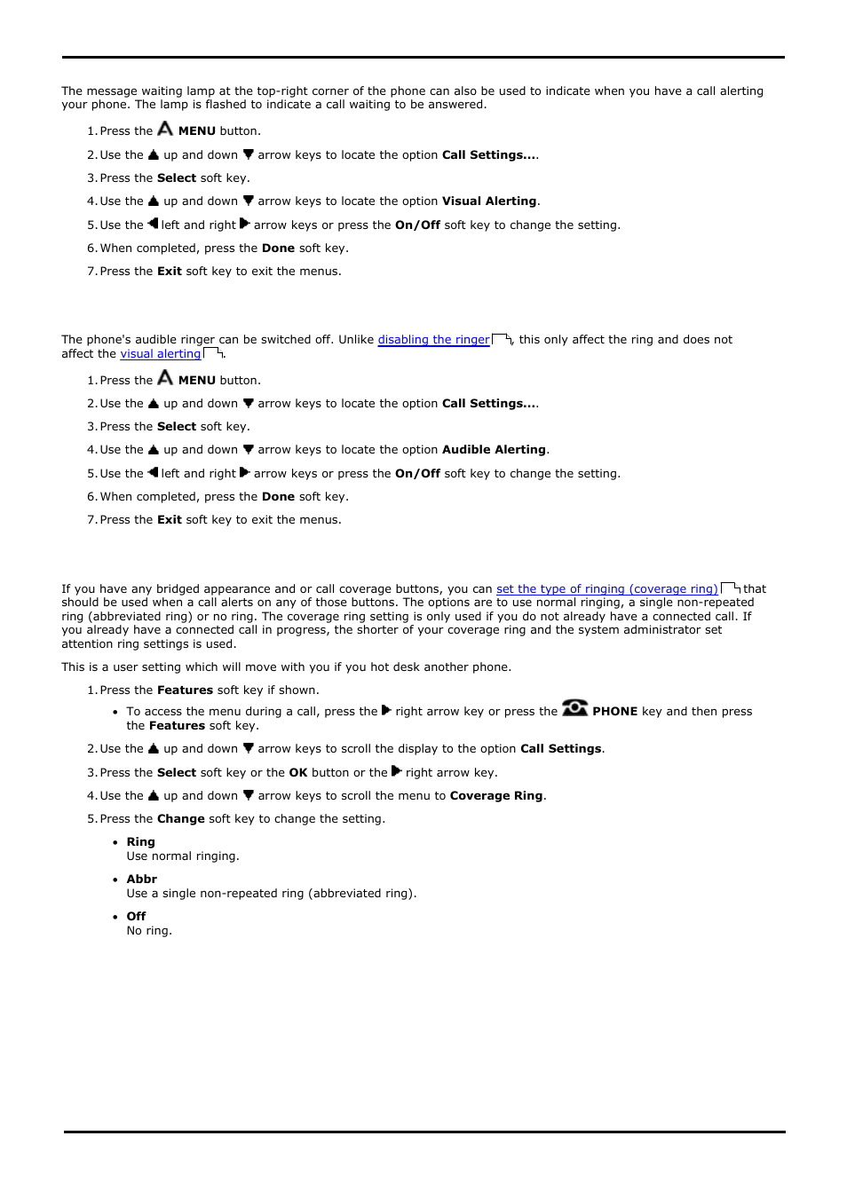 Visual alerting, Audible alerting, Coverage ring | 2 visual alerting, 3 audible alerting, 4 coverage ring, Flash the message lamp for calls (visual alerting), Audible alerting on/off | Avaya 15-601040 User Manual | Page 132 / 188