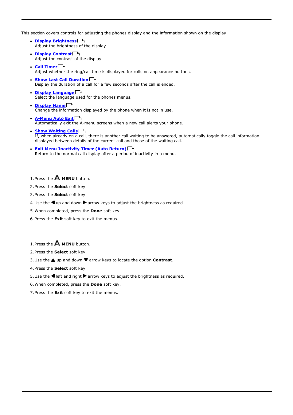 Display controls, Display brightness, Display contrast | 1 display brightness, 2 display contrast, Brightness, Contrast, 8 display controls | Avaya 15-601040 User Manual | Page 135 / 188