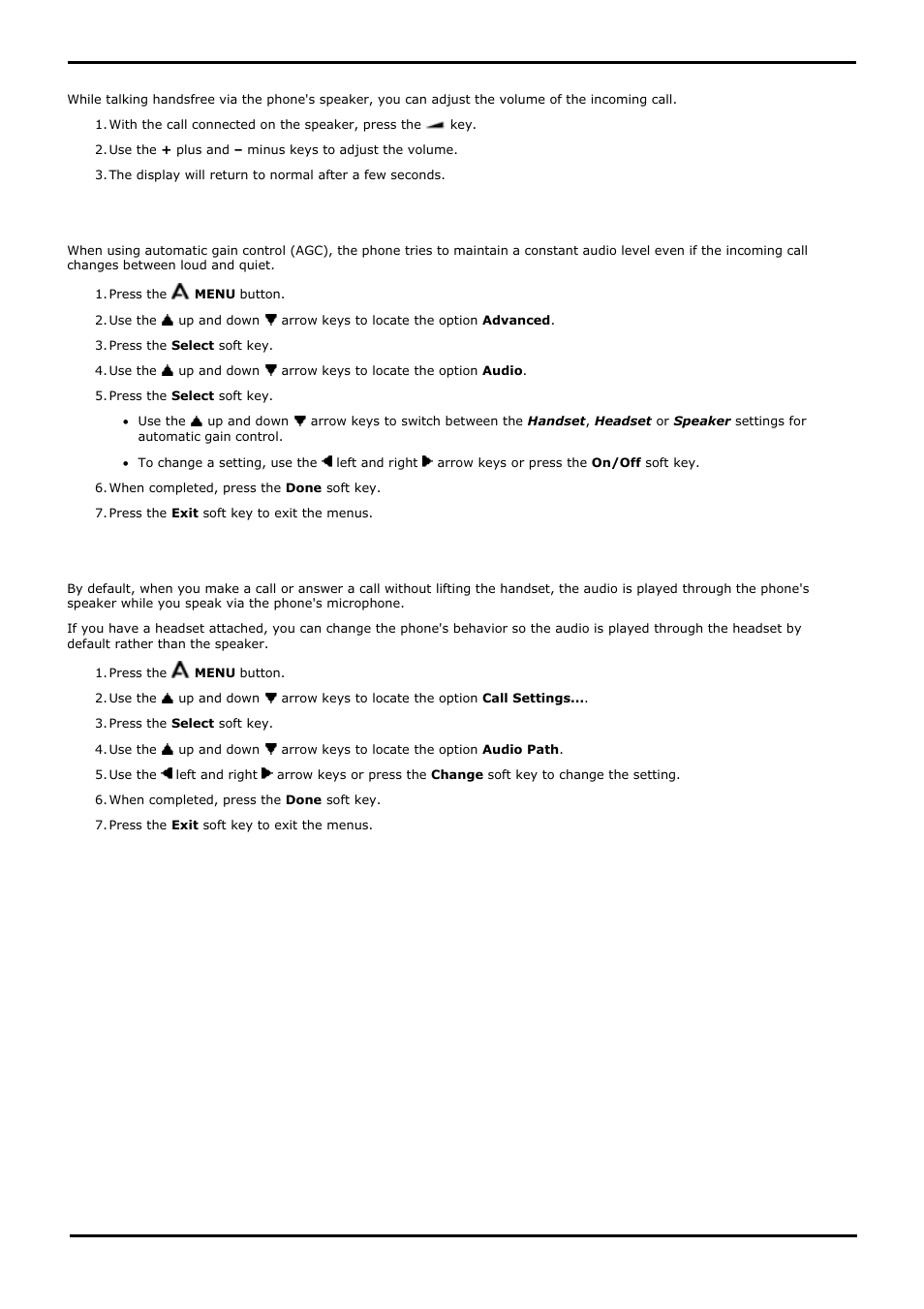 Speaker volume, Automatic gain control, Default handsfree audio path | 6 speaker volume, 7 automatic gain control, 8 default handsfree audio path, Headset automatic gain control on/off, Speaker automatic gain control on/off, Default audio path, Audio path | Avaya 15-601040 User Manual | Page 142 / 188