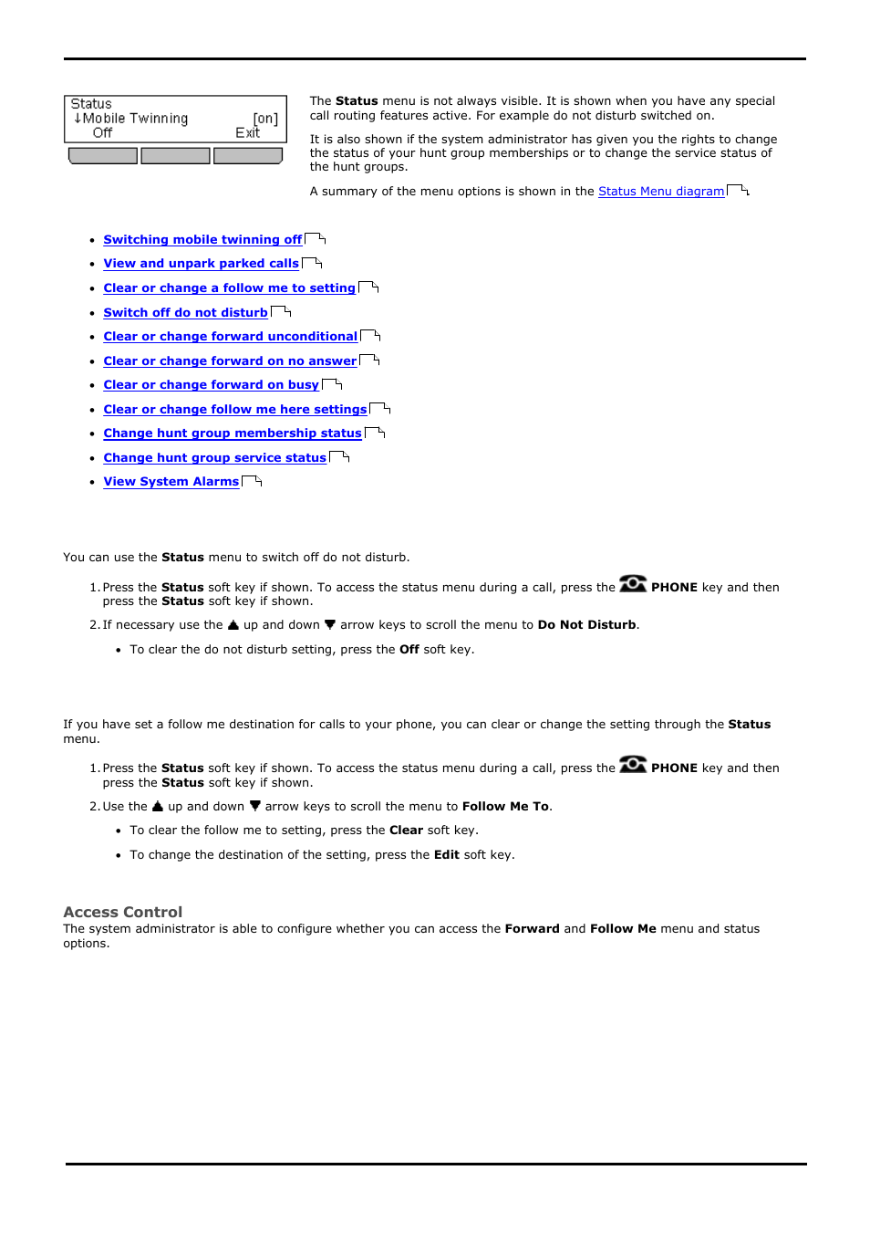 Status menu, Do not disturb, Follow me to | 1 do not disturb, 2 follow me to | Avaya 15-601040 User Manual | Page 146 / 188